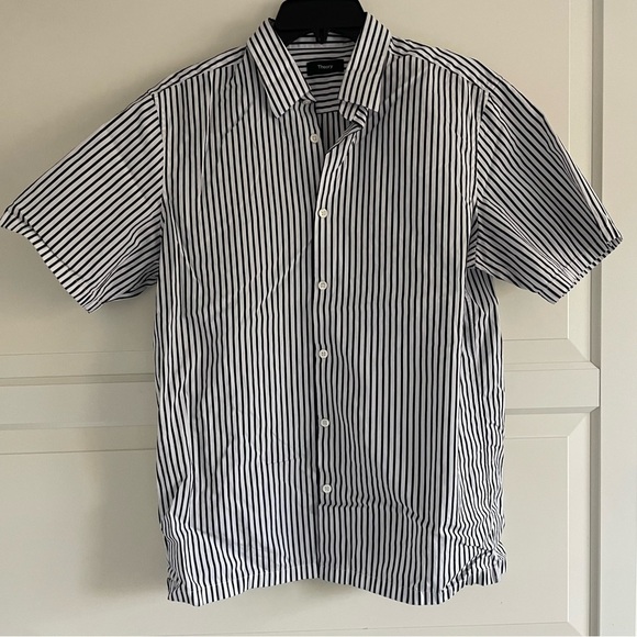 Theory men’s Irving eco stripe black and white button down shirt 22709 - Picture 2 of 9
